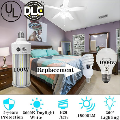 NS 100W LED Corn Bulbs, 1000W Equivalent, 15,000lm 5000K Daylight, E26/E39 Base, Non-Dimmable, 23-Year Lifetime, Metal Halide/HID/CFL Replacement for Warehouse, Garage, High Bay, Workshop – 1 Set