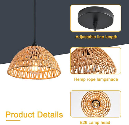 3 Pack Woven Pendant Light Fixtures,10.2" Brown Rattan Pendant Lights Farmhouse Basket Light Fixture Adjustable Boho Hanging Lamp for Kitchen Island Bedroom Dining Room Foyer Hallway