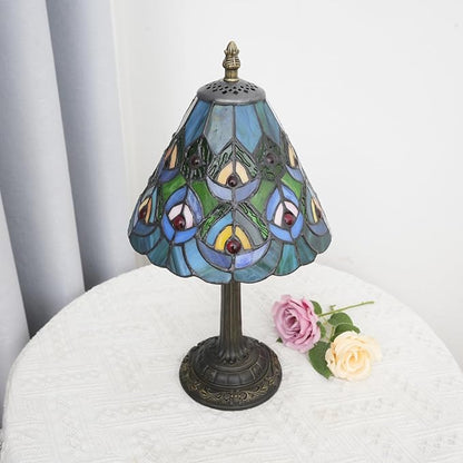 Green Peacock Decor Small Tiffany Style Table Lamp Antique Stained Glass Lamps Vintage Bedroom Bedside Reading Light Living Room Hotel Bar Kitchen Home Red Glass Bead Cute Accent Night Light 8 Inch