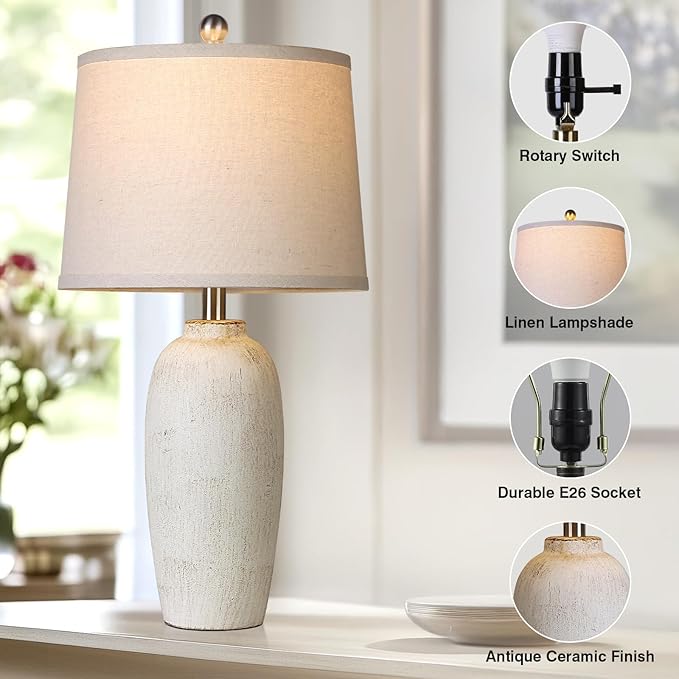 25“ Jar Table Lamps Set of 2, Ceramic Bedside Lamps for Bedroom, Beige Farmhouse Nightstand Lamps for Living Room