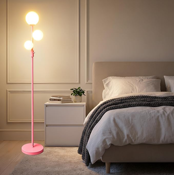 Fiqevs Modern Pink Globe Floor Lamp with Frosted Glass Shade and LED Bulbs, Dimmable Elegant Standing Lamp with Foot Pedal, Tall Pole Lamp for Girls Room, Bedrooms, Office
