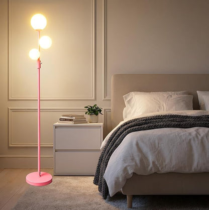 Fiqevs Modern Pink Globe Floor Lamp with Frosted Glass Shade and LED Bulbs, Dimmable Elegant Standing Lamp with Foot Pedal, Tall Pole Lamp for Girls Room, Bedrooms, Office
