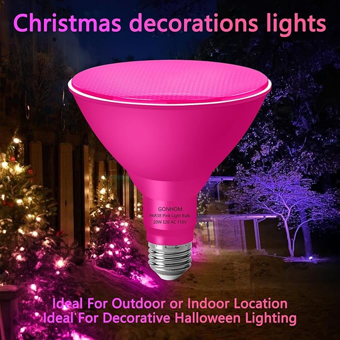 PAR38 Flood Lights Outdoor,Dimmable LED Flood Light Bulbs,20W(Equivalent to 200W),E26 Base,Outdoor Porch,Holiday Lighting,LED Flood Light Bulb for Halloween,Christmas,2 Pack Pink