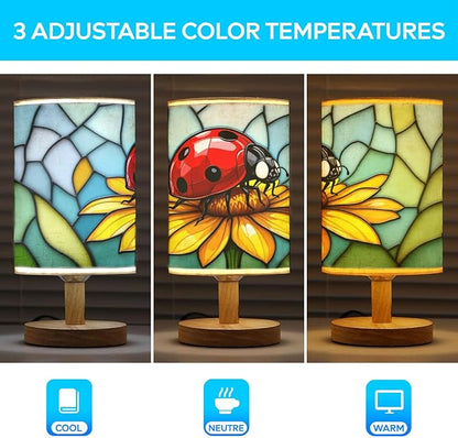 Ladybug Flower Table Lamp LED 3-Color Pressed Bedside, Ladybug Flower Shade Lamp with Wood Base for Bedroom Living Room Desk Office TL01