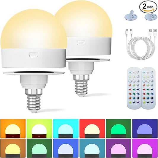Rechargeable Light Bulb with Remote Control: E12 Wireless LED Bulbs 3 Color Temperatures + 12 RGB Colors, Timer Magnetic Puck Light for Sconces and Lamp, 2000mAh Battery Powered USB Charging, 2pcs