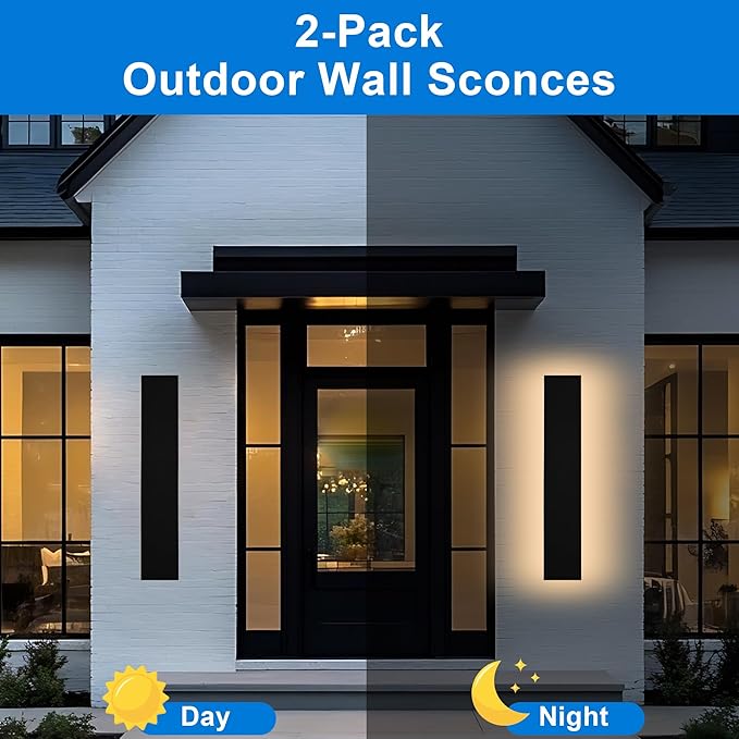 2 Pack 24 inch Linear LED Outdoor Wall Lights, 17W 5CCT Color Selectable Outside Garage Lights Wall Mount 4.3 Inch Wide Dimmable Black Porch Lights, Waterproof IP65