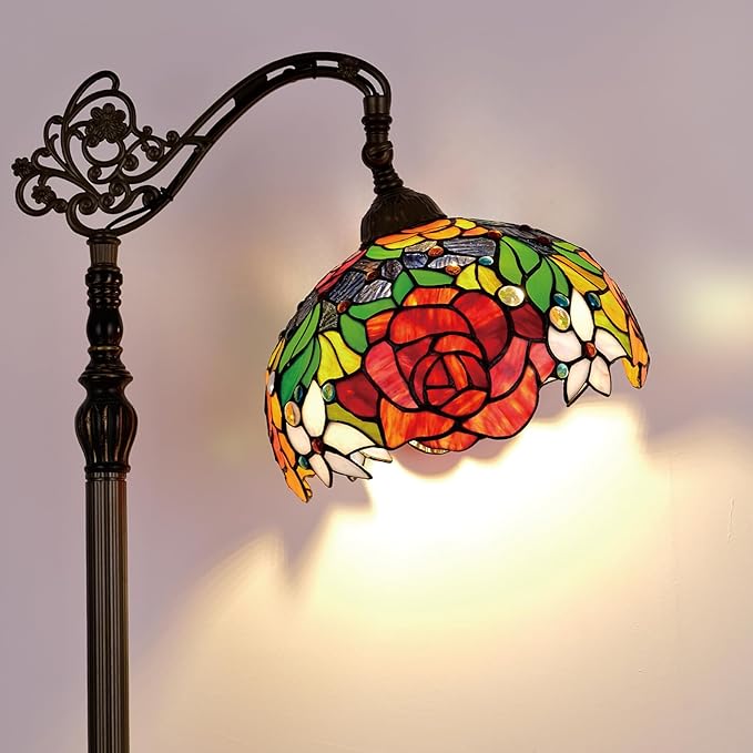 Tiffany Floor Lamp Red Yellow Orange Rose Stained Glass Arched Lamp 12x18x70 Inches Antique Bronze Gooseneck Adjustable Corner Standing Light Decor Reading Space Living Bedroom Home Office