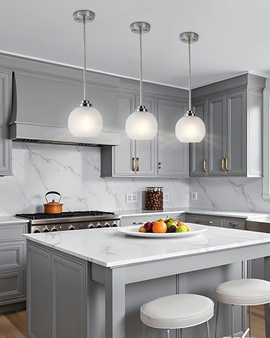 3 Pack Globe Pendant Light, Brushed Nickel Hanging Ceiling Lights with White Frosted Glass Shade, Modern Adjustable Lights for Kitchen Island Bedroom Hallway