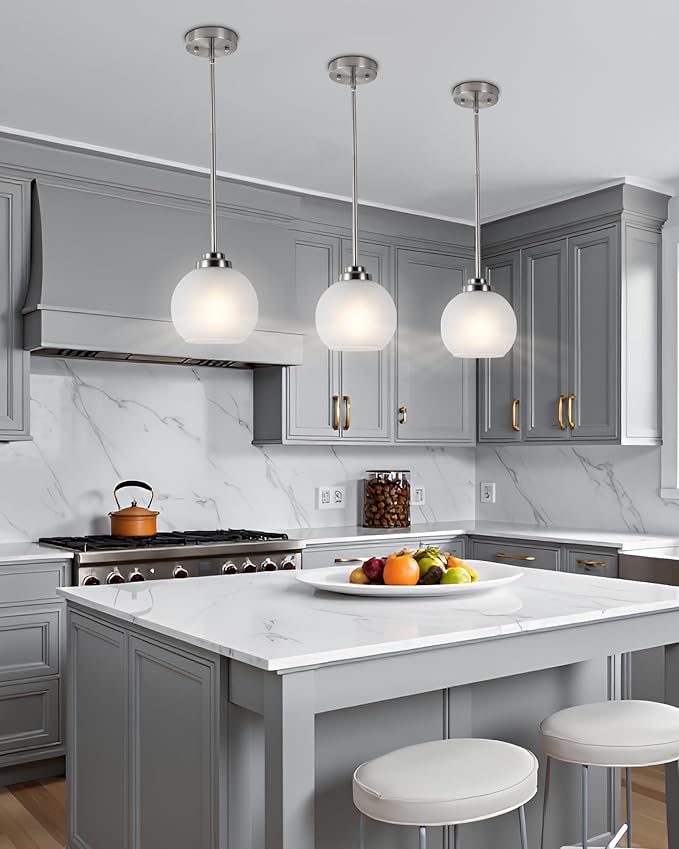 2 Pack Globe Pendant Light Fixtures, Brushed Nickel Hanging Ceiling Lights with White Frosted Glass Shades, Adjustable House Indoor Light for Kitchen Island
