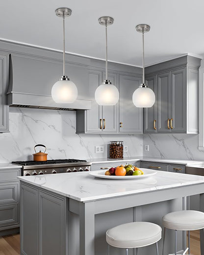 2 Pack Globe Pendant Light Fixtures, Brushed Nickel Hanging Ceiling Lights with White Frosted Glass Shades, Adjustable House Indoor Light for Kitchen Island