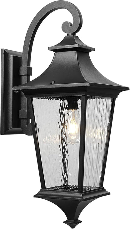 Outdoor Wall Sconce 14.6 Inch Height Aluminum Exterior Lighting Fixtures with Water Ripple Glass E26 Socket and Black Finish