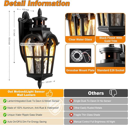 Motion Sensor Outdoor Wall Lights, 220° Dusk to Dawn Exterior Lighting Fixtures with Tempered Glass, Vintage Style IP65 Waterproof for Porch, Garage, House (Black)