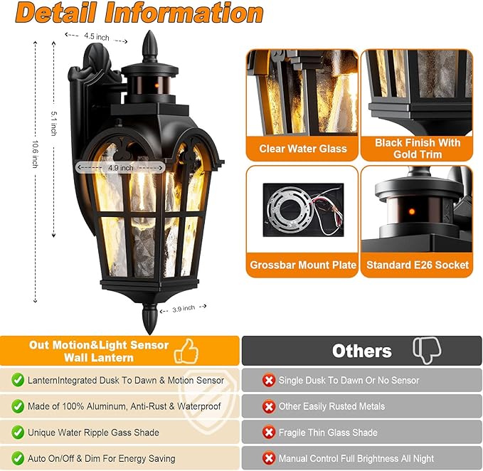 Motion Sensor Outdoor Wall Lights 2 Pack, 220° Dusk to Dawn Exterior Lighting Fixtures with Tempered Glass, Vintage Style IP65 Waterproof for Porch, Garage, House (Blcak)