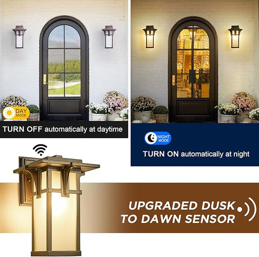 Oil Rubbed Bronze Porch Light Fixtures Wall Mount Dusk to Dawn Outdoor Sconce Waterproof Aluminum with Frosted Glass Exterior Lantern Modern House Lighting for Outside