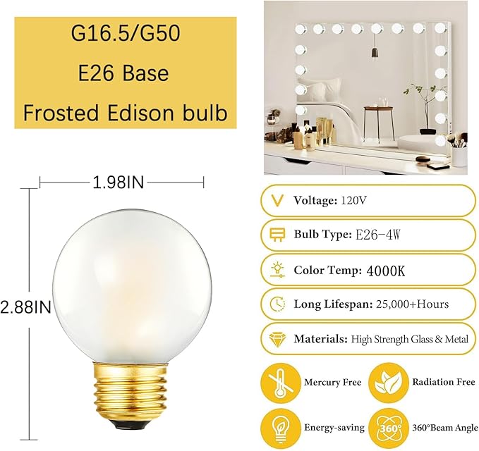 G16.5 Frosted LED Bulb 4W Equal 40W Light Bulb, Dimmable G16 1/2 led Edison Bulb 4000k,400LM AC120V, E26 Globe Light Bulbs for Chandelier, Vanity,6Pack (4W-4000K)