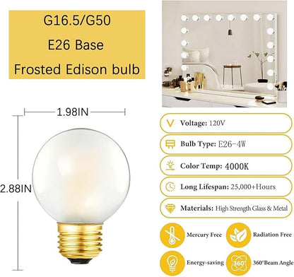G16.5 Frosted LED Bulb 4W Equal 40W Light Bulb, Dimmable G16 1/2 led Edison Bulb 4000k,400LM AC120V, E26 Globe Light Bulbs for Chandelier, Vanity,6Pack (4W-4000K)
