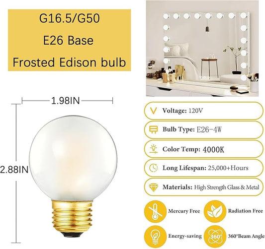 G16.5 Frosted LED Bulb 4W Equal 40W Light Bulb, Dimmable G16 1/2 led Edison Bulb 4000k,400LM AC120V, E26 Globe Light Bulbs for Chandelier, Vanity,6Pack (4W-4000K)