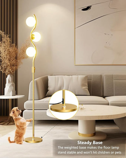 60IN Dimmable Gold Globe Floor Lamp, Modern Standing Lamps with 3 Soft Warm White 3000K Bulbs, Mid Century Floor Lamp for Living Room Bedroom Home Decor