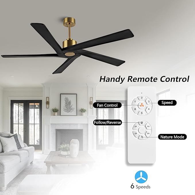 WINGBO 72" DC Ceiling Fan No Light with 3 Downrods, 5 Carved Solid Wood Blades, 6-Speed Reversible DC Motor, Black Large Ceiling Fan without Lights in Brass Finish, ETL Listed