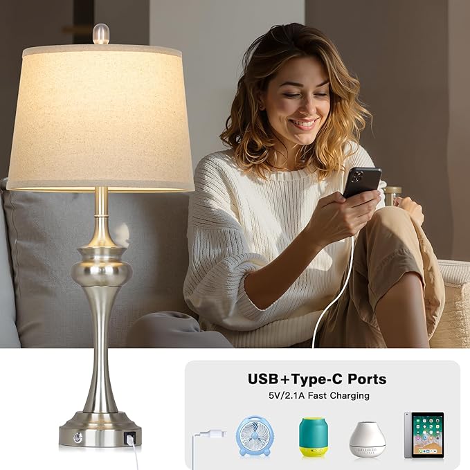 30 inch Silver Table Lamp Single, 3 Way Touch Control Bedside Lamp with USB A+C Ports, Modern Brushed Nickel Bedroom Lamps for Nightstand, Tall Metal Living Room Lamps for Side Table Office
