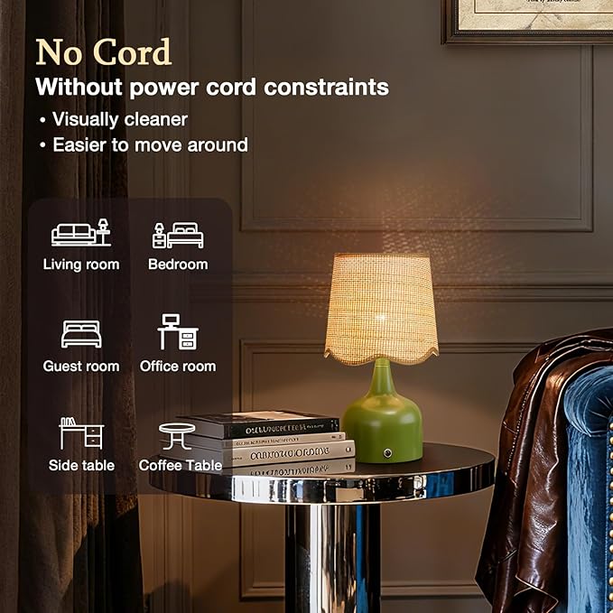 Cordless Boho Table Lamp Green, Wicker Shade, 5200-mAh Rechargeable Battery, 3-Way Dimmable, Build-in Integrated LED 320 Lumen Max, for Bedside Living Room