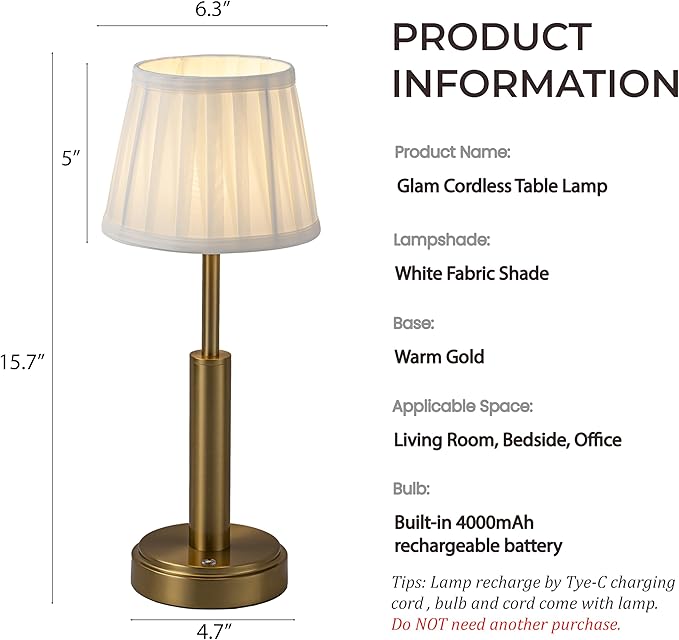 16'' Vintage Fabric Shade Rechargeable LED Table Lamp Touch Control Cordless USB Nightstand Lamp in Antique Brass with Stepless Dimming for Bedroom Dorm Living Room