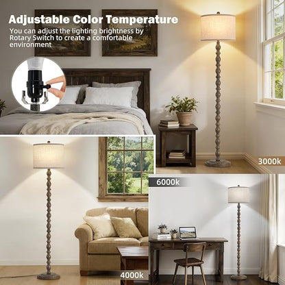 62" Floor Lamp, Adjustable Color Temperature Farmhouse Standing Lamp, Retro Rustic Tall Floor Lamps with Rotary Switch, Resin Standing Lamp for for Living Room,Bedroom,House, Office(Grayish Brown)