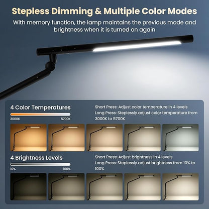 Pak LED Desk Lamp with Clamp, 18W Dual Light Architect Desk Light, Adjustable Swing Arm RGB Light Sensor Switch, Eye-Caring 4 Modes Stepless Dimming Table Lamp for Home Office Reading Study Gaming