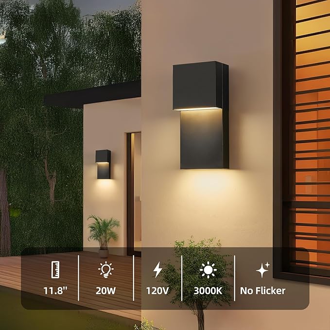 tewei Modern LED Outdoor Wall Sconce 20W Exterior Lighting Fixtures, Black Outside Lights for House Integrated LED Outdoor Wall Mount Lights for Front Porch Garage, Warm White 3000K, 2 Pack