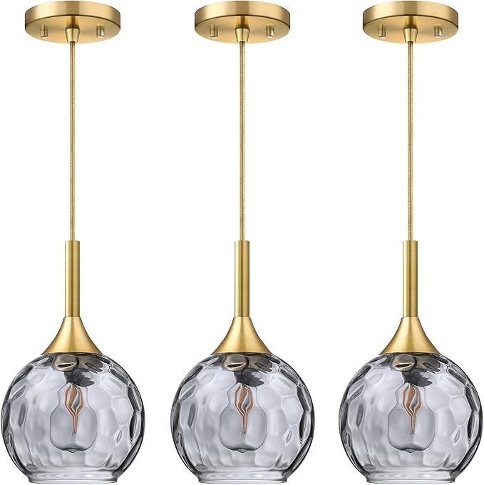 Doraimi Lighting 6.3" Gray Glass Pendant Light 3 Pack Pendant Ceiling Light Fixtures Brushed Bronze Finish Modern Farmhouse Dinning Over Sink Adjustable Height Rod