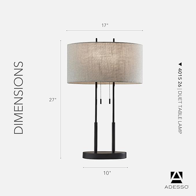 Adesso Duet Table Lamp with Dual Pull Chains, Antique Bronze Finish, Taupe Fabric Shade – 27” Tall, Versatile Bedside Table or Desk Lamp