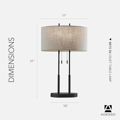 Adesso Duet Table Lamp with Dual Pull Chains, Antique Bronze Finish, Taupe Fabric Shade – 27” Tall, Versatile Bedside Table or Desk Lamp