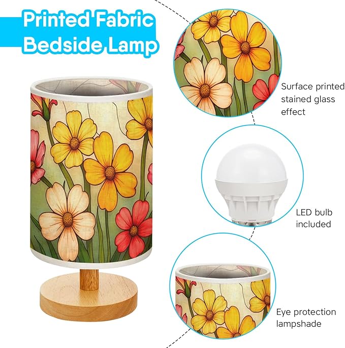 Primrose Flowers Table Lamp LED 3-Color Pressed Bedside, Primrose Flowers Shade Lamp with Wood Base for Bedroom Living Room Desk Office