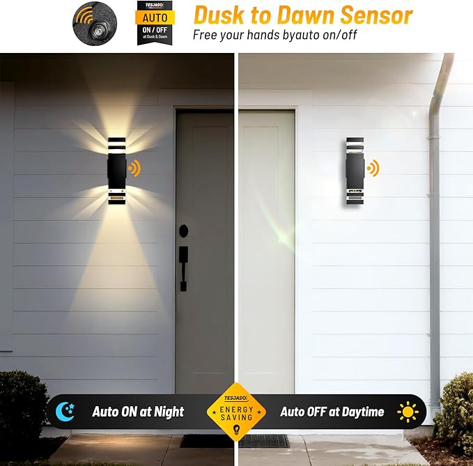 Modern Outdoor Wall Sconce 2-Pack, Up Down Lights Outdoor with Dusk to Dawn Sensor, Waterproof Exterior Light Fixture Wall Mount for House, Porch, Patio, Garage (E26 Bulbs Included)