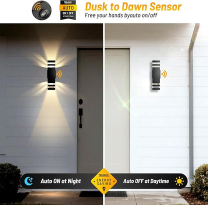 Modern Outdoor Wall Sconce 2-Pack, Up Down Lights Outdoor with Dusk to Dawn Sensor, Waterproof Exterior Light Fixture Wall Mount for House, Porch, Patio, Garage (E26 Bulbs Included)