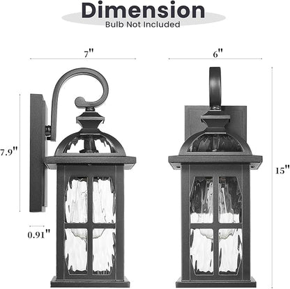 Outdoor Wall Laterns 15 Inch Height Outdoor Wall Light Fixtures Die-Cast Aluminum and Water Ripple Glass Black Finish Anti-Rust Outside Sconce Porch Lights for House Garage Doorway