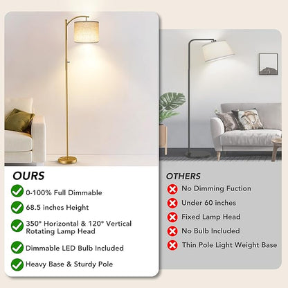 Dimmable Floor Lamp, Arc Floor Lamps for Living Room, Stepless Dimming Modern Standing Lamp with Linen Shade, Tall Lamp for Bedroom Office Dining Room- Gold