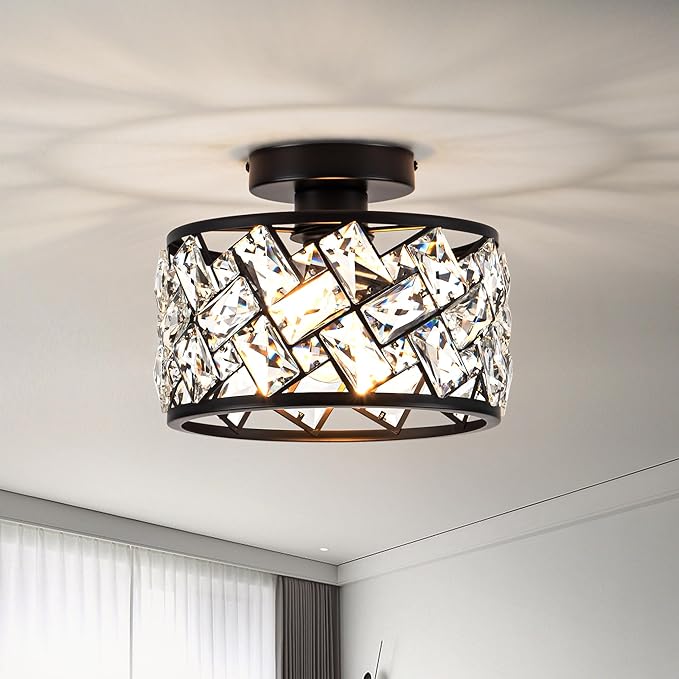 Crystal Ceiling Light Fixture, Modern Semi Flush Mount Ceiling Light,Crystal Chandelier for Kitchen Bedroom Bathroom Entryway, Black Finish