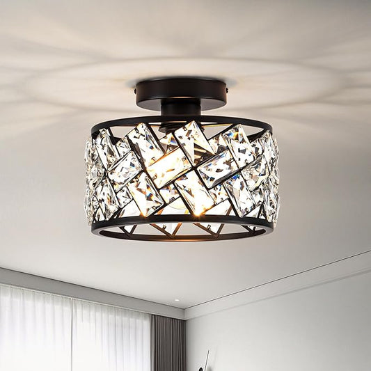 Crystal Ceiling Light Fixture, Modern Semi Flush Mount Ceiling Light,Crystal Chandelier for Kitchen Bedroom Bathroom Entryway, Black Finish