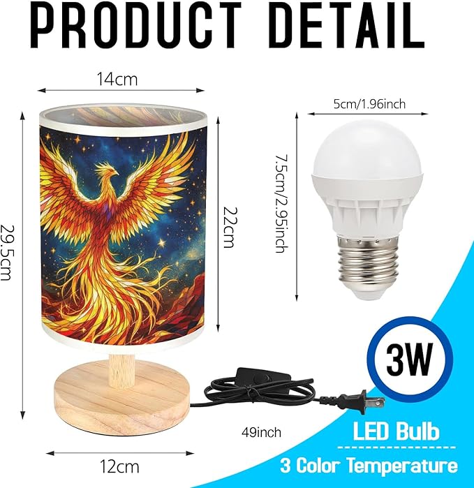 Phoenix Table Lamp LED 3-Color Pressed Bedside, Phoenix Shade Lamp with Wood Base for Bedroom Living Room Desk Office TL01