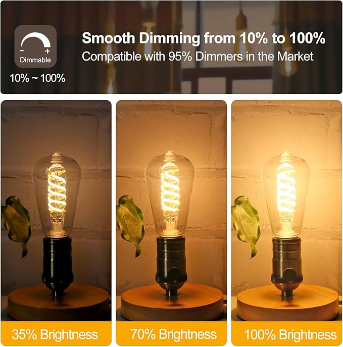 4-Pack Vintage LED Edison Bulbs 60W Equivalent- ST58/ST19 6W E26 Dimmable Light Bulbs, 2700K Filament Decorative Bulb, Shatterproof Plastic Bulb Safe for Kids/Pets.