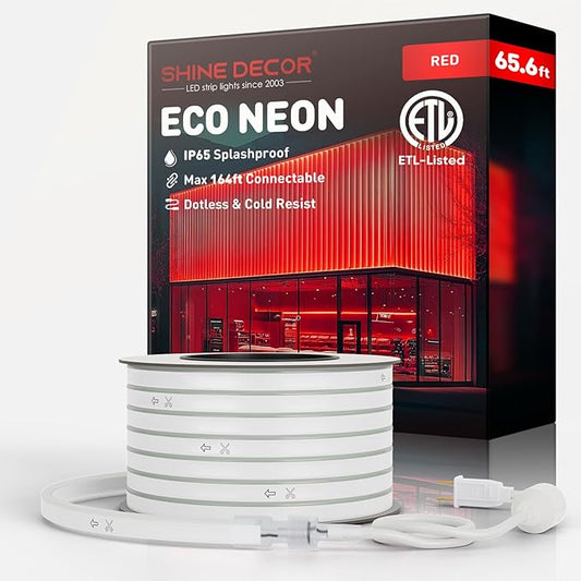 Shine Decor LED Rope Lights AC 120V, Connectable & Cuttable Dotless 120LEDs/M Eco Neon Strip Lighting, ETL IP65 Waterproof & Weather-Resistant for Home Commercial, 8x16mm, Red, 65.6FT