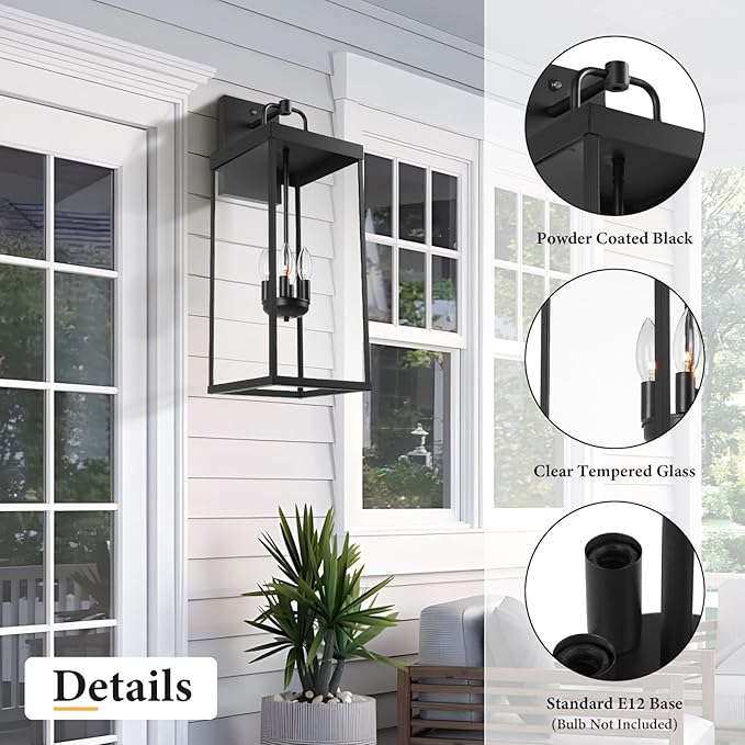 Dusk to Dawn Outdoor Wall Sconce Light, 28 Inch Tall Transitional Exterior Wall Lighting with Clear Glass, Anti-Rust Powder Coat Black Modern Outside Wall Lantern for Front Porch, DDRZ008XL BK
