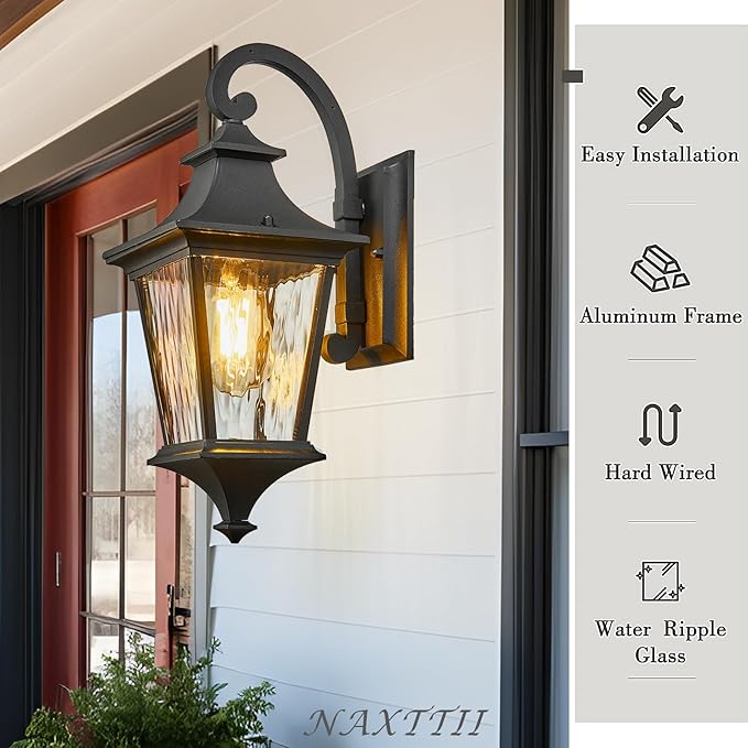 Outdoor Wall Sconce 14.6 Inch Height Aluminum Exterior Lighting Fixtures with Water Ripple Glass E26 Socket and Black Finish