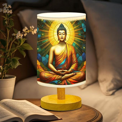 Buddha Table Lamp LED 3-Color Pressed Bedside, Buddha Shade Lamp with Wood Base for Bedroom Living Room Desk Office TL01
