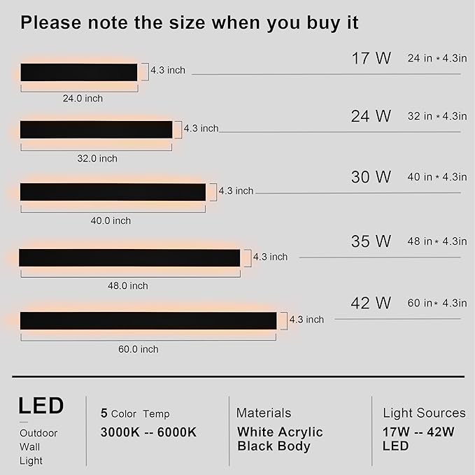 2PCS 40in Long LED Outdoor Wall Lights Dimmable Outdoor Wall Sconce 30W LED Linear Exterior Light Fixture for House Garage Courtyard, 3000K-6000k, Suit for US Standard Junction Box