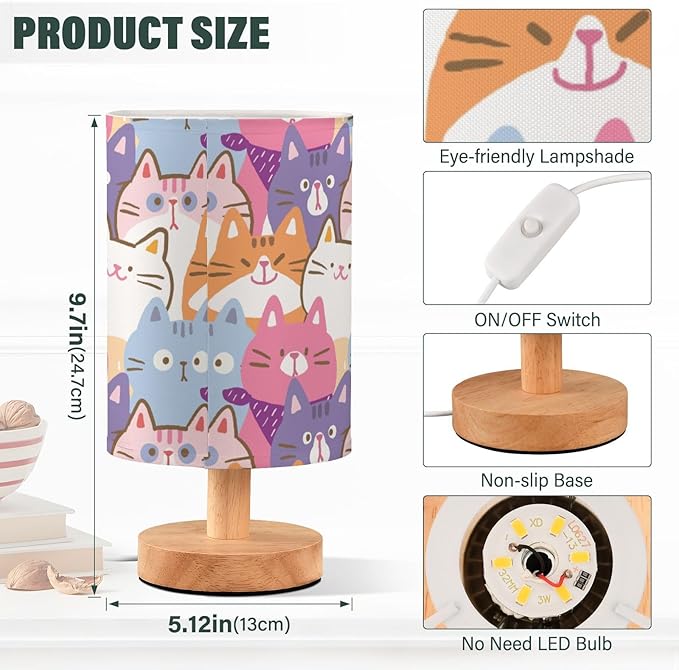 Bedside Lamp Cartoon Cat Table Lamp for Bedroom LED Nightstand Lamp Shade USB Ports Wood Base for Living Room Dorm Office