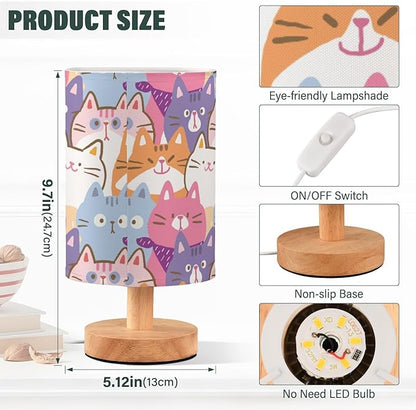 Bedside Lamp Cartoon Cat Table Lamp for Bedroom LED Nightstand Lamp Shade USB Ports Wood Base for Living Room Dorm Office