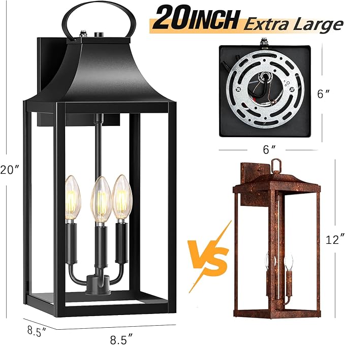 20" Extra Large Dusk to Dawn Outdoor Wall Light, Black Exterior Lighting Fixtures with 3-Light, Waterproof Wall Mount Porch Lantern, Modern Outside Wall Sconce Garage Coach Light, E12, 1 Pack