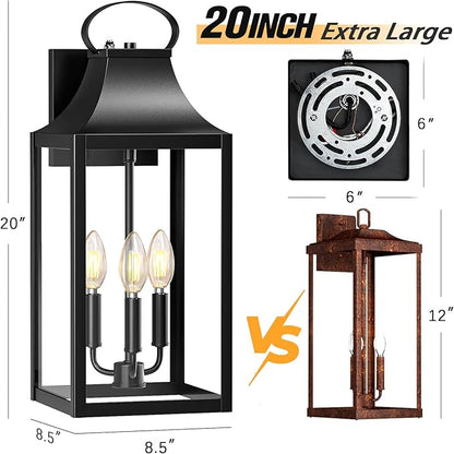 20" Extra Large Dusk to Dawn Outdoor Wall Light, Black Exterior Lighting Fixtures with 3-Light, Waterproof Wall Mount Porch Lantern, Modern Outside Wall Sconce Garage Coach Light, E12, 1 Pack